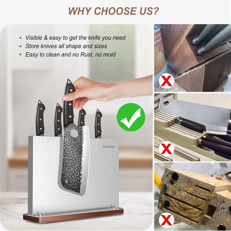 DAJOUJS Magnetic Knife Holder, Stainless Steel Magnetic Knife Block without Knives, Strong Double Sided Magnet Knife Storage Strip with Wood Base for Kitchen Counter-Silver - Image 3